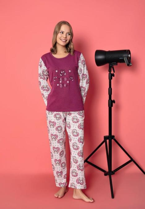 Pijama damă vătuită, mânecă lungă cu ursuleți și pantaloni lungi din bumbac, imprimeu Teddy, Engros